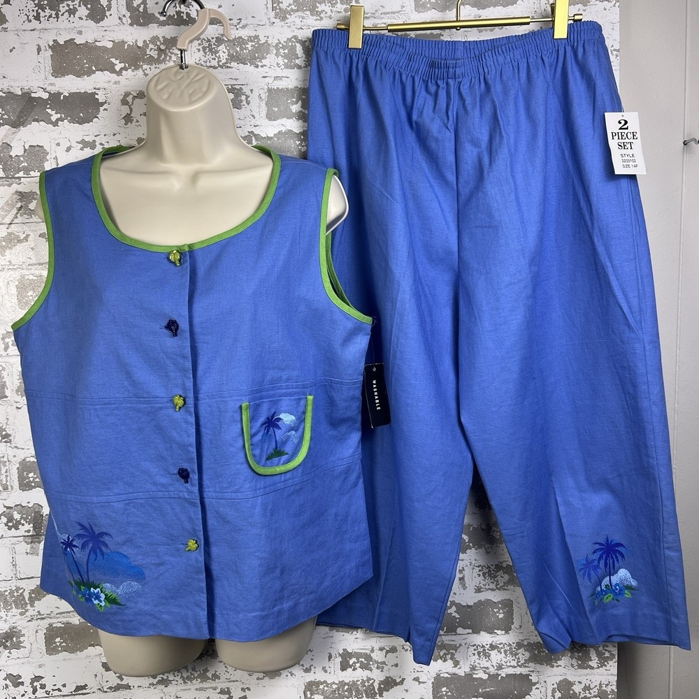 Sag Harbor 2 Pc Set 14P Capris Pants Blue Lime Green Palm Trees Buttons Beach
